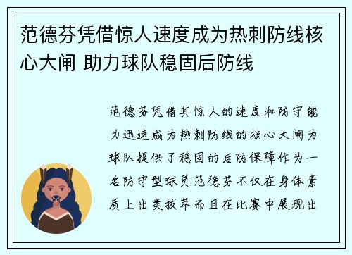 范德芬凭借惊人速度成为热刺防线核心大闸 助力球队稳固后防线